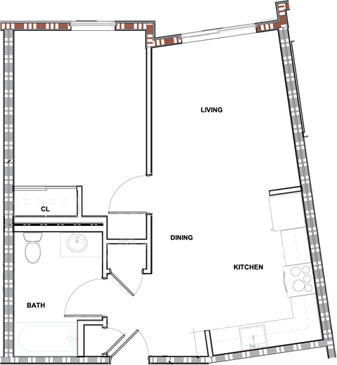 A floor plan of a house with labeled rooms including a living room, dining room, kitchen, and bathroom.